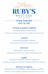 Wine Dinner at Ruby's West End @ Ruby's West End | Portland | Maine | United States