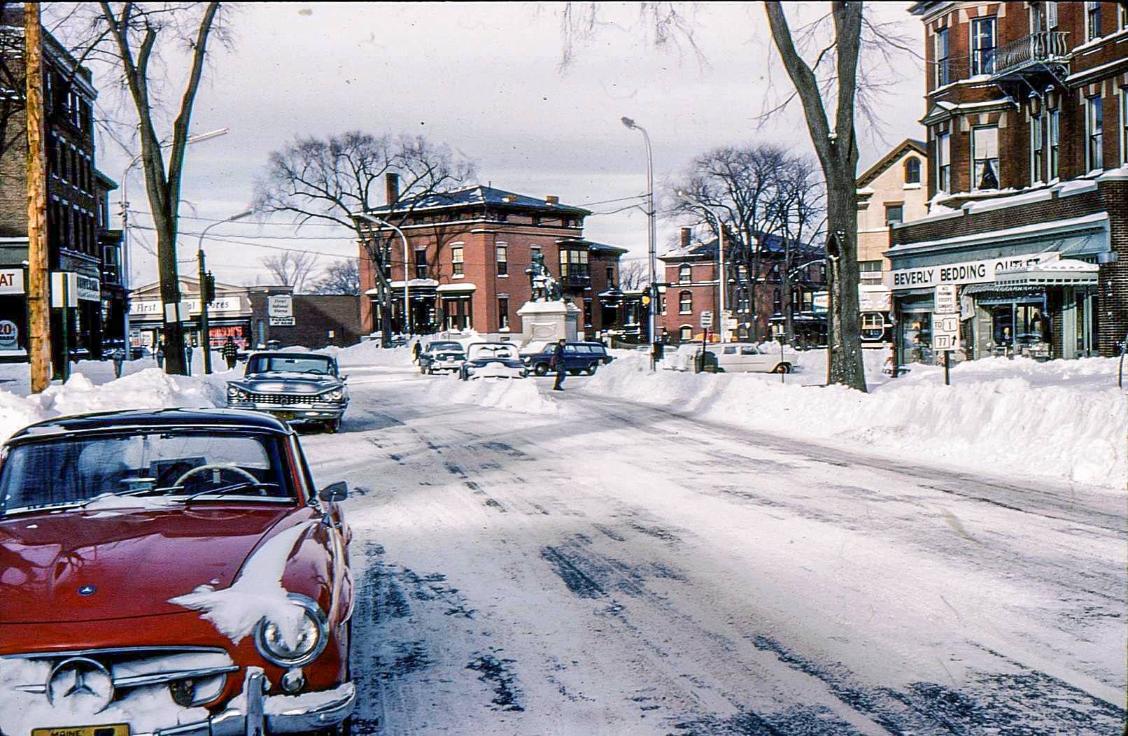Looking up State Street at Longfellow Square in 1960