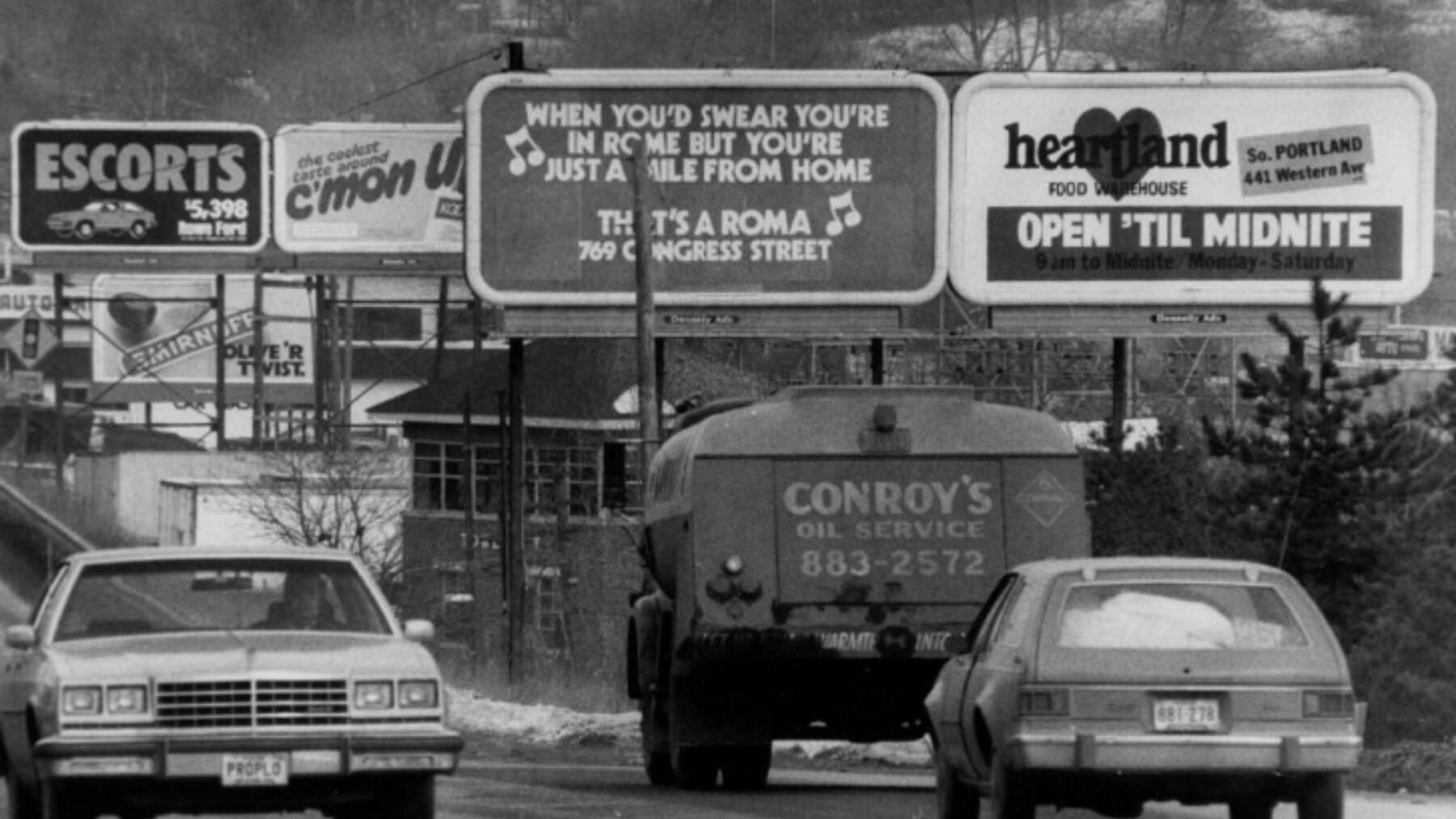 Roma Cafe billboard alongside Route 1 in South Portland in 1980